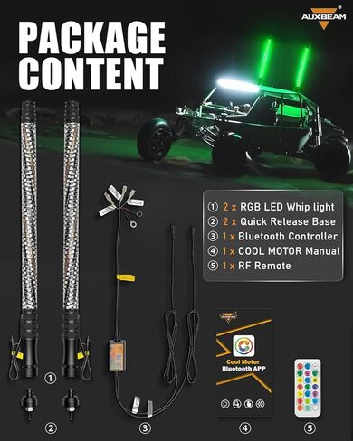 Auxbeam 2PCS 2.2FT RGB LED Whip Lights, Bluetooth APP & Remote Control Fat Whip Lights w/Brake and Turn Signal Light, Compatible with Side by Side UTV ATV RZR SXS Boat, Waterproof, 1-Year Warranty in Saudi Arabia