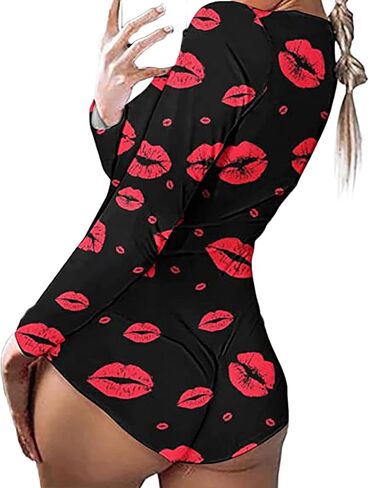 Women’s Long Sleeve Bodycon Romper V Neck Heart Print Button Down Bodysuit Short Jumpsuit Sleepwear in Saudi Arabia