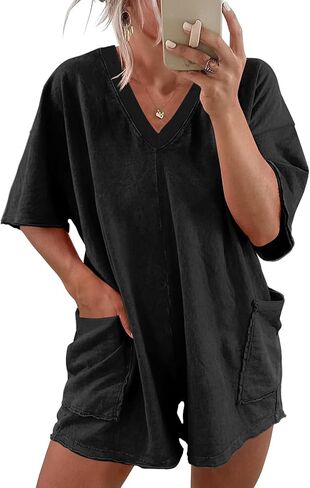 Womens Mineral Washed Summer Casual Short Sleeve V Neck Rompers Jumpsuit Outfits with Pockets in Saudi Arabia