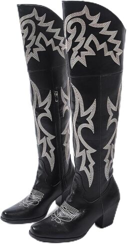 Women’s Over-the-Knee Western Cowboy Boots – Square Toe PU Leather Embroidered Boots with Zipper & Chunky Heel, Lined Riding Boots for All Seasons in Saudi Arabia