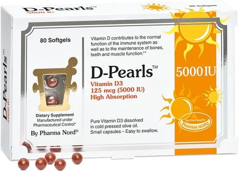 د-بيرلز فيتامين د3 5000 وحدة دولية (125 ميكروجرام) | سهل البلع | تم اختياره لدراسة المناعة الرئيسية [1] | مكمل فيتامين د النشط في زيت الزيتون المعصور على البارد لدعم المناعة والأسنان والعضلات وصحة العظام in Kuwait