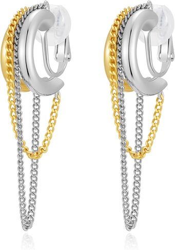 Mixed Metal Clip On Earrings for Women, Gold and Silver Plated Two Tone Hoop Earrings with Tassel Dangle Chains, Trendy Chunky Non Pierced Jewelry in Saudi Arabia