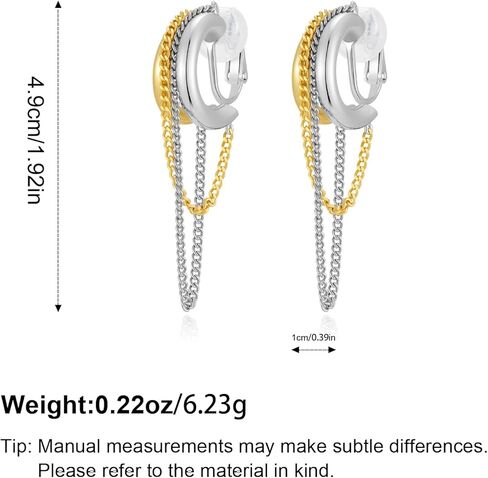 Mixed Metal Clip On Earrings for Women, Gold and Silver Plated Two Tone Hoop Earrings with Tassel Dangle Chains, Trendy Chunky Non Pierced Jewelry in Saudi Arabia