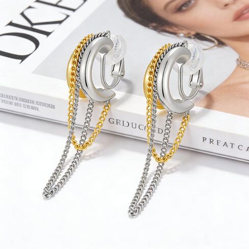 Mixed Metal Clip On Earrings for Women, Gold and Silver Plated Two Tone Hoop Earrings with Tassel Dangle Chains, Trendy Chunky Non Pierced Jewelry in Saudi Arabia