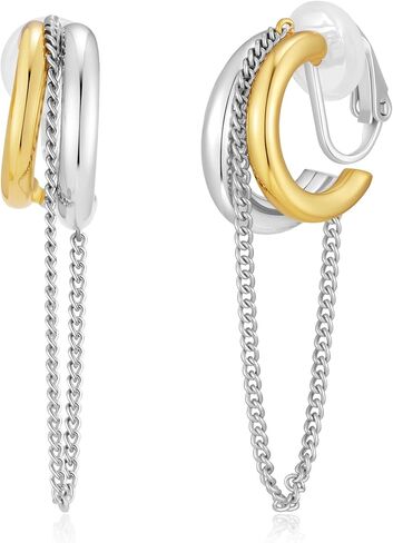 Two-Tone Chain Drop Clip-On Earrings Drop Clip On Earrings for Women No Piercings Statement Gold and Silver Studs Modern Jewelry in Saudi Arabia
