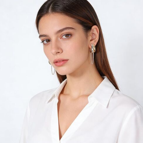 Two-Tone Chain Drop Clip-On Earrings Drop Clip On Earrings for Women No Piercings Statement Gold and Silver Studs Modern Jewelry in Saudi Arabia
