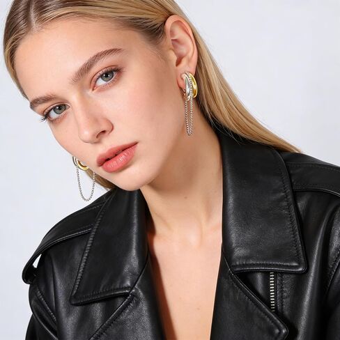 Two-Tone Chain Drop Clip-On Earrings Drop Clip On Earrings for Women No Piercings Statement Gold and Silver Studs Modern Jewelry in Saudi Arabia