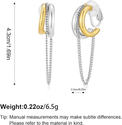 Two-Tone Chain Drop Clip-On Earrings Drop Clip On Earrings for Women No Piercings Statement Gold and Silver Studs Modern Jewelry in Saudi Arabia