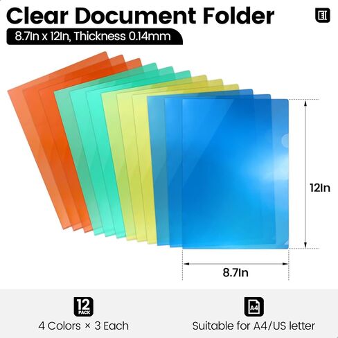 Clear Document Folder, L-Type Plastic Paper Sleeves, Copy Safe Project Pocket, Transparent Poly Jacket Sleeve, Clear to See, Durable, for A4/Letter Size Documents, 12 Pack 4 Colors in Kuwait