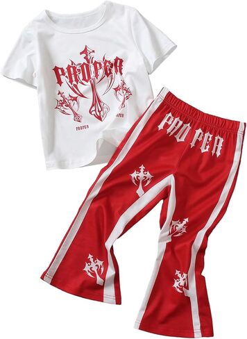 Boy's Clothing Sets 2 Piece Gothic Cross Graphic Tees and Color Block Flared Sweatpants Casual Outfits in Saudi Arabia