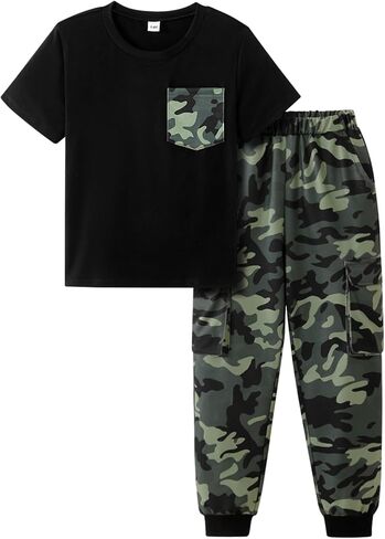 طقم ملابس مموهة للأولاد مكون من قطعتين تي شيرت بأكمام قصيرة وسروال كارجو مقاس 7-14 in Kuwait