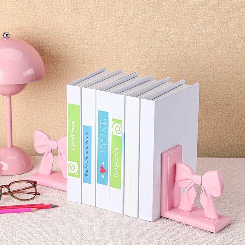 2 Pieces Pink Bow Bookends Cute Book Ends for Shelves Decorative Book Stand Bow Sculpture Statues Tabletop Shelf Ornament Room Decor for Home Office School Dorm Girl Desk in Saudi Arabia