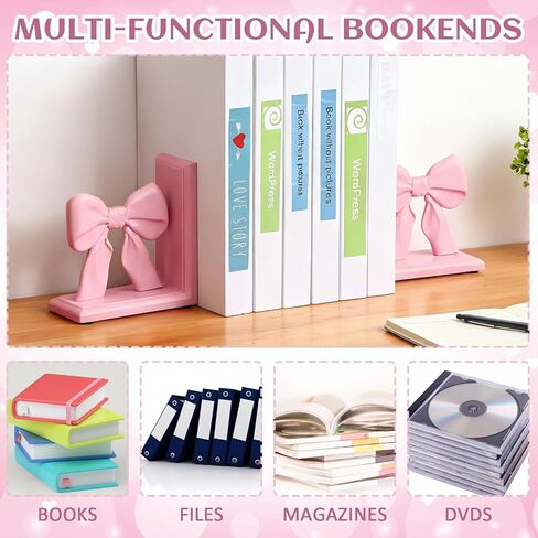 2 Pieces Pink Bow Bookends Cute Book Ends for Shelves Decorative Book Stand Bow Sculpture Statues Tabletop Shelf Ornament Room Decor for Home Office School Dorm Girl Desk in Saudi Arabia