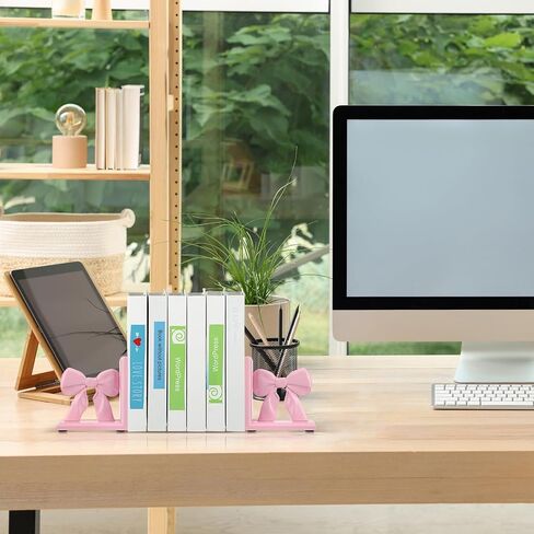 2 Pieces Pink Bow Bookends Cute Book Ends for Shelves Decorative Book Stand Bow Sculpture Statues Tabletop Shelf Ornament Room Decor for Home Office School Dorm Girl Desk in Saudi Arabia