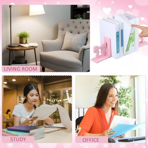 2 Pieces Pink Bow Bookends Cute Book Ends for Shelves Decorative Book Stand Bow Sculpture Statues Tabletop Shelf Ornament Room Decor for Home Office School Dorm Girl Desk in Saudi Arabia