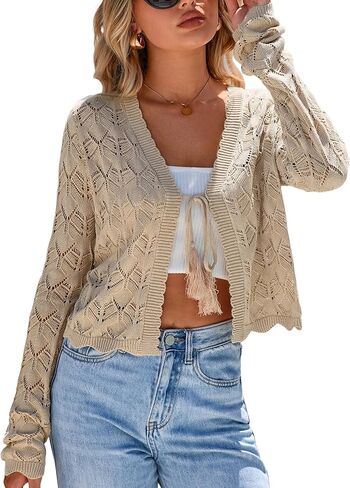 Arach&Cloz Women's Linen Tie Front Crochet Spring Shrug Beach Vacation Cropped Cardigan in Saudi Arabia