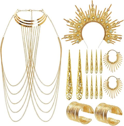 Sureio African National Jewelry Egyptian for Women Set, Multi Layered Golden Tassel Body Chains, Nail Tip Claw Rings, Sun-shaped Earrings, Bracelets and Pointed Halo Crowns for Medieval Costumes in Saudi Arabia