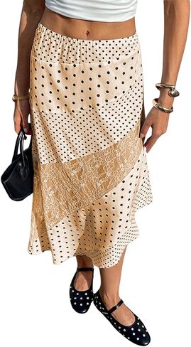 Verdusa Women's Polka Dots Skirt Lace Asymmetrical High Waist Elegant Midi Skirts in Kuwait