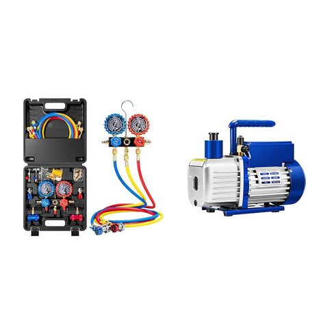 VIVOHOME HVAC مجموعة قياس متعددة لR134a R1234yf R454B R410a R32 مع خراطيم 5 أقدام وصلات سريعة وصنابير علب و1/3 HP 4.5 CFM A2L HVAC مضخة فراغ مع محرك بدون شرارة لR32 R1234yf R454B R410a in Kuwait