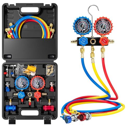VIVOHOME HVAC مجموعة قياس متعددة لR134a R1234yf R454B R410a R32 مع خراطيم 5 أقدام وصلات سريعة وصنابير علب و1/3 HP 4.5 CFM A2L HVAC مضخة فراغ مع محرك بدون شرارة لR32 R1234yf R454B R410a in Kuwait