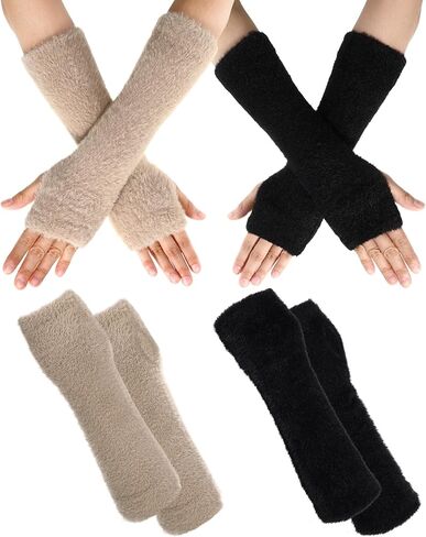 Geyoga 2 Pairs Arm Warmers for Women Long Fingerless Gloves Winter Fluffy Gloves Wrist Warmer with Thumb Hole in Saudi Arabia