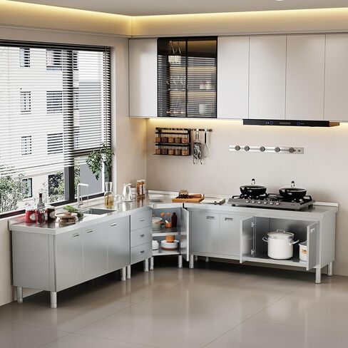 ZZV طاولة زاوية من الفولاذ المقاوم للصدأ مع خزانة للإعداد والعمل طاولة عمل شديدة التحمل خزانة مطبخ تجارية من الفولاذ المقاوم للصدأ لمطعم الفندق والمقهى ورشة عمل المرآب in Kuwait