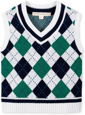 Hope & Henry Boys’ Organic Cotton V-Neck Argyle Sweater Vest – GOTS-Certified Knit Vest with Rib Trim, Pickleball Argyle, Large in Kuwait