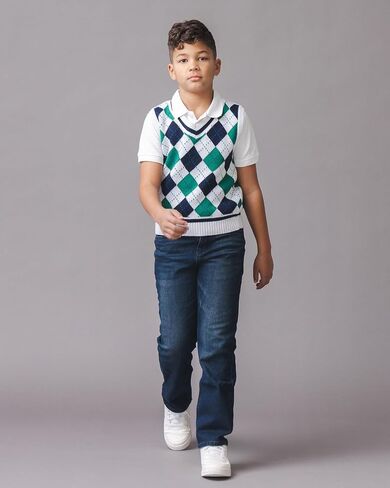 Hope & Henry Boys’ Organic Cotton V-Neck Argyle Sweater Vest – GOTS-Certified Knit Vest with Rib Trim, Pickleball Argyle, Large in Kuwait