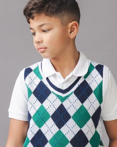 Hope & Henry Boys’ Organic Cotton V-Neck Argyle Sweater Vest – GOTS-Certified Knit Vest with Rib Trim, Pickleball Argyle, Large in Kuwait