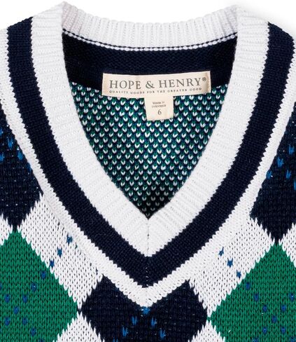Hope & Henry Boys’ Organic Cotton V-Neck Argyle Sweater Vest – GOTS-Certified Knit Vest with Rib Trim, Pickleball Argyle, Large in Kuwait
