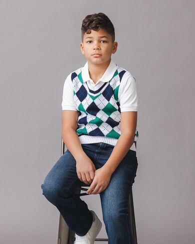 Hope & Henry Boys’ Organic Cotton V-Neck Argyle Sweater Vest – GOTS-Certified Knit Vest with Rib Trim, Pickleball Argyle, Large in Kuwait