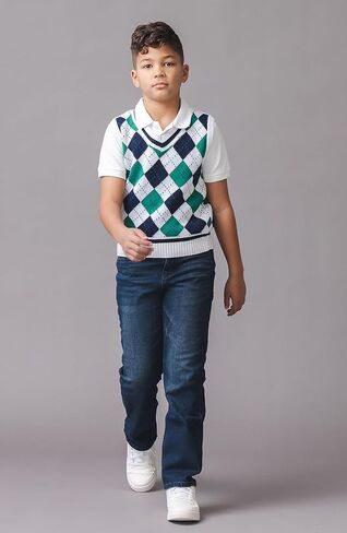 Hope & Henry Boys’ Organic V-Neck Argyle Sweater Vest | 100% GOTS-Certified Organic Cotton | Classic Intarsia Design, Blue, 5 in Saudi Arabia