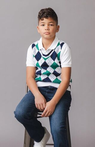 Hope & Henry Boys’ Organic V-Neck Argyle Sweater Vest | 100% GOTS-Certified Organic Cotton | Classic Intarsia Design, Blue, 5 in Saudi Arabia