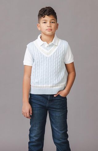 Hope & Henry Boys’ Organic V-Neck Cricket Sweater Vest | 100% GOTS-Certified Organic Cotton | Cable Knit with Contrast Stripe Trim, Blue, 7 in Kuwait