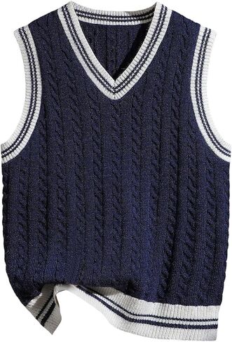 SOLY HUX Boy's Cable Knit Sweater Vest Striped Trim V Neck Sleeveless Casual Fall Tops in Kuwait