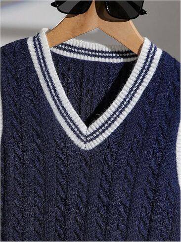 SOLY HUX Boy's Cable Knit Sweater Vest Striped Trim V Neck Sleeveless Casual Fall Tops in Kuwait