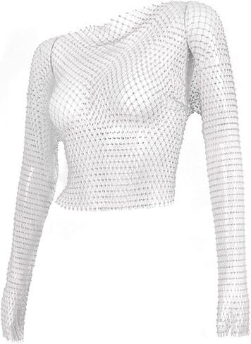 Rhinestone Crystal Crop Top, Long Sleeve Mesh Body Chains, See Through Mesh Diamond Fishnet Shirts Outfits in Saudi Arabia