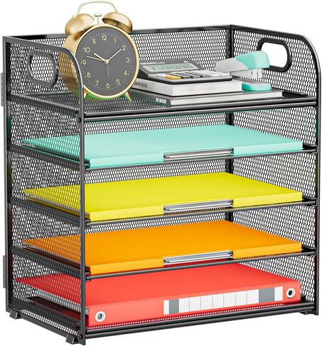 Paper Organizer Letter Tray with Handle, 5-Tier Black Stackable Desk Organizer with Metal Mesh, Sturdy Paper Tray for Office Desk, Home & Classroom Supplies Storage in Kuwait