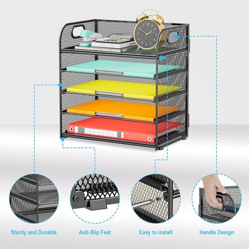 Paper Organizer Letter Tray with Handle, 5-Tier Black Stackable Desk Organizer with Metal Mesh, Sturdy Paper Tray for Office Desk, Home & Classroom Supplies Storage in Kuwait
