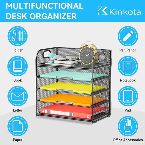 Paper Organizer Letter Tray with Handle, 5-Tier Black Stackable Desk Organizer with Metal Mesh, Sturdy Paper Tray for Office Desk, Home & Classroom Supplies Storage in Kuwait