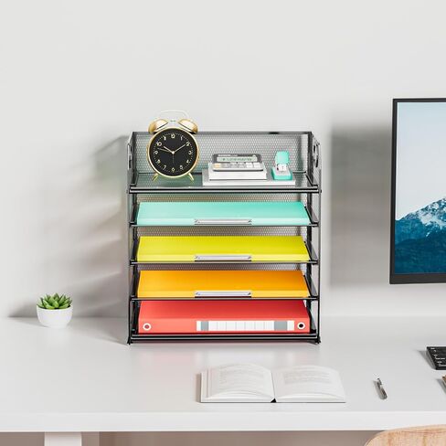 Paper Organizer Letter Tray with Handle, 5-Tier Black Stackable Desk Organizer with Metal Mesh, Sturdy Paper Tray for Office Desk, Home & Classroom Supplies Storage in Kuwait