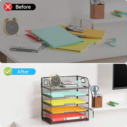 Paper Organizer Letter Tray with Handle, 5-Tier Black Stackable Desk Organizer with Metal Mesh, Sturdy Paper Tray for Office Desk, Home & Classroom Supplies Storage in Kuwait