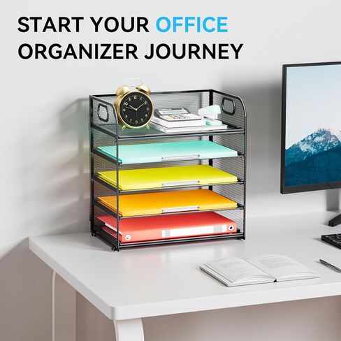 Paper Organizer Letter Tray with Handle, 5-Tier Black Stackable Desk Organizer with Metal Mesh, Sturdy Paper Tray for Office Desk, Home & Classroom Supplies Storage in Kuwait