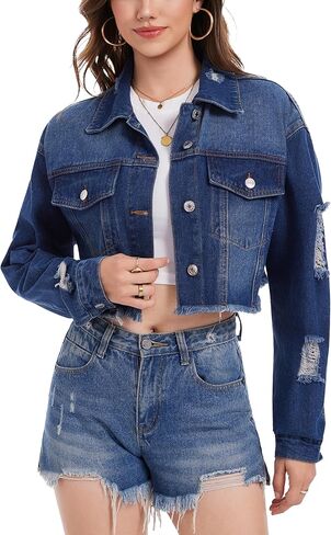 andy & natalie Women's Cropped Jean Jacket Fashion Frayed Hem Denim Jacket Long Sleeve Dressy Button Down Outfit Jackets in Kuwait