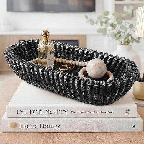 Large Decorative Bowl for Home Decor Long Dough Bowls for Entry Way Coffee Table Decor Centerpiece White Ruffle Scalloped Resin Bowl for Kitchen Counter Farmhouse Entryway Stylish Key Storage in Saudi Arabia