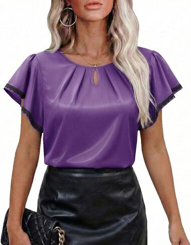siliteelon Blouses for Women Business Casual Tops for Women Ruffle Short Sleeve Flowy Satin Silk Work Trendy Elegant Summer in Saudi Arabia