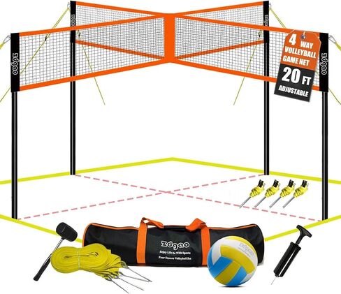 Zdgao 14 ft/20 ft 4-Way Volleyball and Badminton Combo Net with Soft Volleyball, Rubber Hammer and Carry Bag, Adjustable Height Four Square Volleyball Game Set for Backyard and Beach in Kuwait