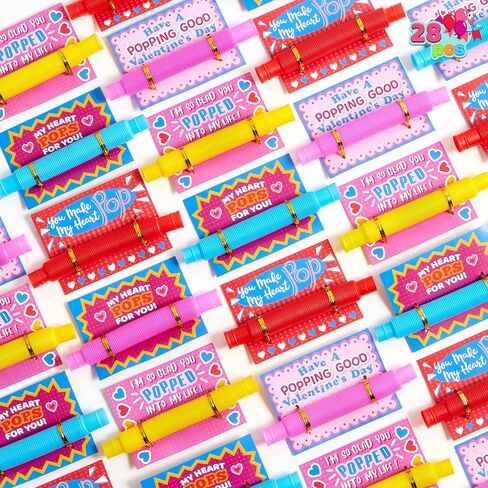 JOYIN 28 Packs Valentines Cards with Pop Tubes for Kids, Pop Tubes with Valentines Day Gift Cards Set, Stretchy Tube Stress Relief Fidget Toys for Kids Valentine's Day Favors Classroom Gifts in Kuwait