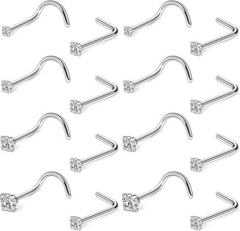 Hoeudjo ترصيع الأنف الجراحية الصلب حلقات الأنف ترصيع 18G 20G 22G مكعب زركونيا 1.5 مم 2 مم 2.5 مم 3 مم حلقة الأنف هيبوالرجينيك المسمار ومجوهرات ثقب الأنف على شكل حرف L للنساء والرجال in Saudi Arabia