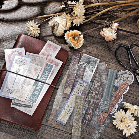 120 Pieces Vintage Scrapbook Washi Stickers Antique Decorative Planner Journal Decals Retro DIY Self-Adhesive Washi Paper Stickers for Photo Albums Cards DIY Projects(Flower, Title, Book) in Saudi Arabia